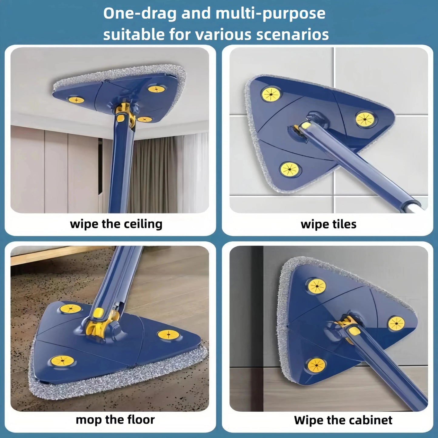 360° Rotating Triangle Mop – Stainless Steel Handle, Adjustable & Squeeze-Free for Effortless Wet/Dry Cleaning of Floors, Ceilings & Glass