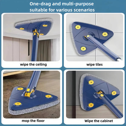 360° Rotating Triangle Mop – Stainless Steel Handle, Adjustable & Squeeze-Free for Effortless Wet/Dry Cleaning of Floors, Ceilings & Glass